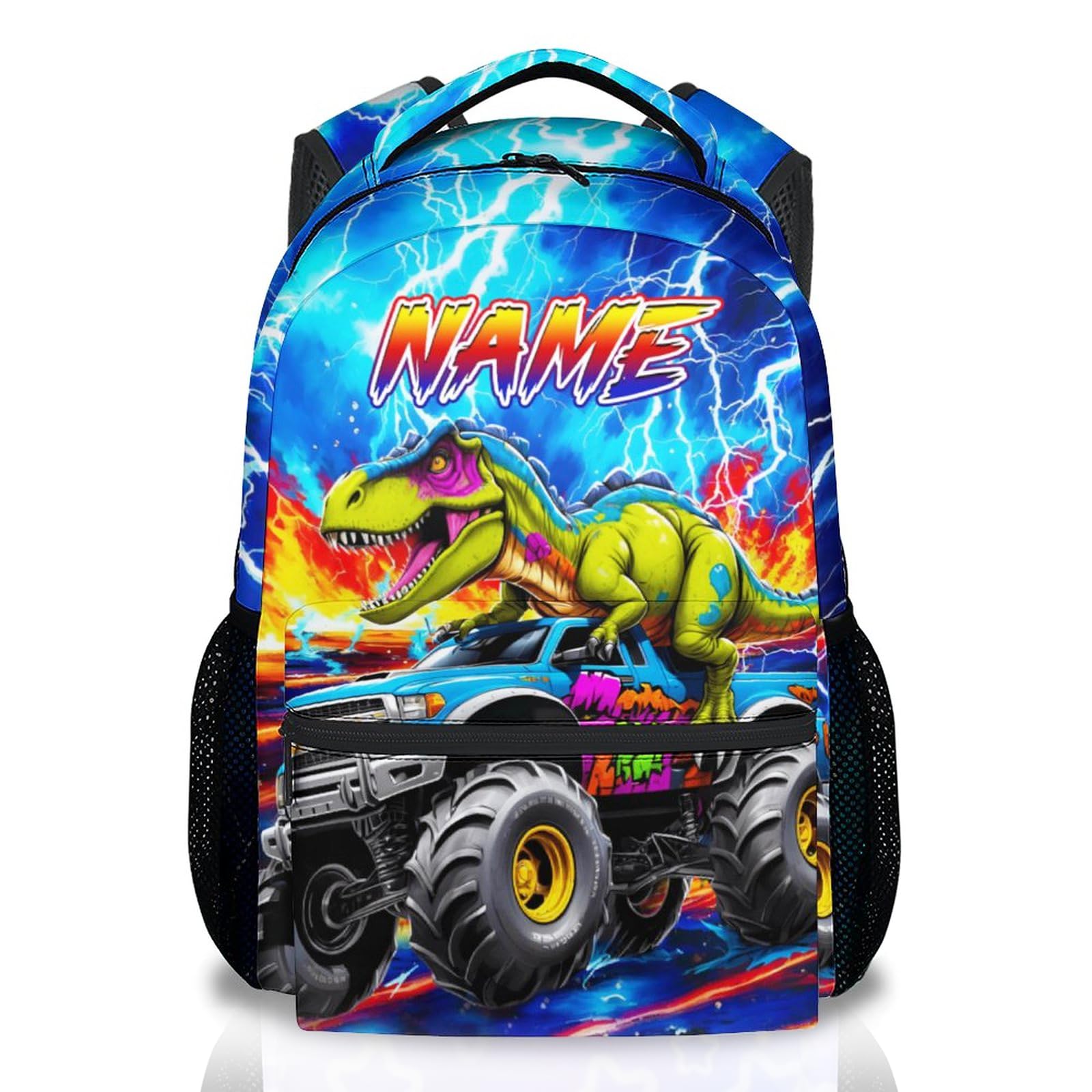 Dinosaur Backpack for Kids Personalized Boys Truck Bookbag with Name - 17 Inch Toddler School Bag with Padded Straps for Preschool Kindergarten Elementary
