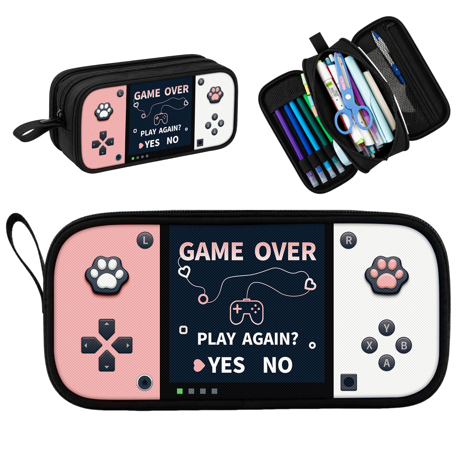 Game Controller Pencil Case for Boys Kids Teens, Large Capacity Pencil Pouch with 3 Compartments, 7 Pockets and Label Pocket for School College Office Travel (Red & Blue)