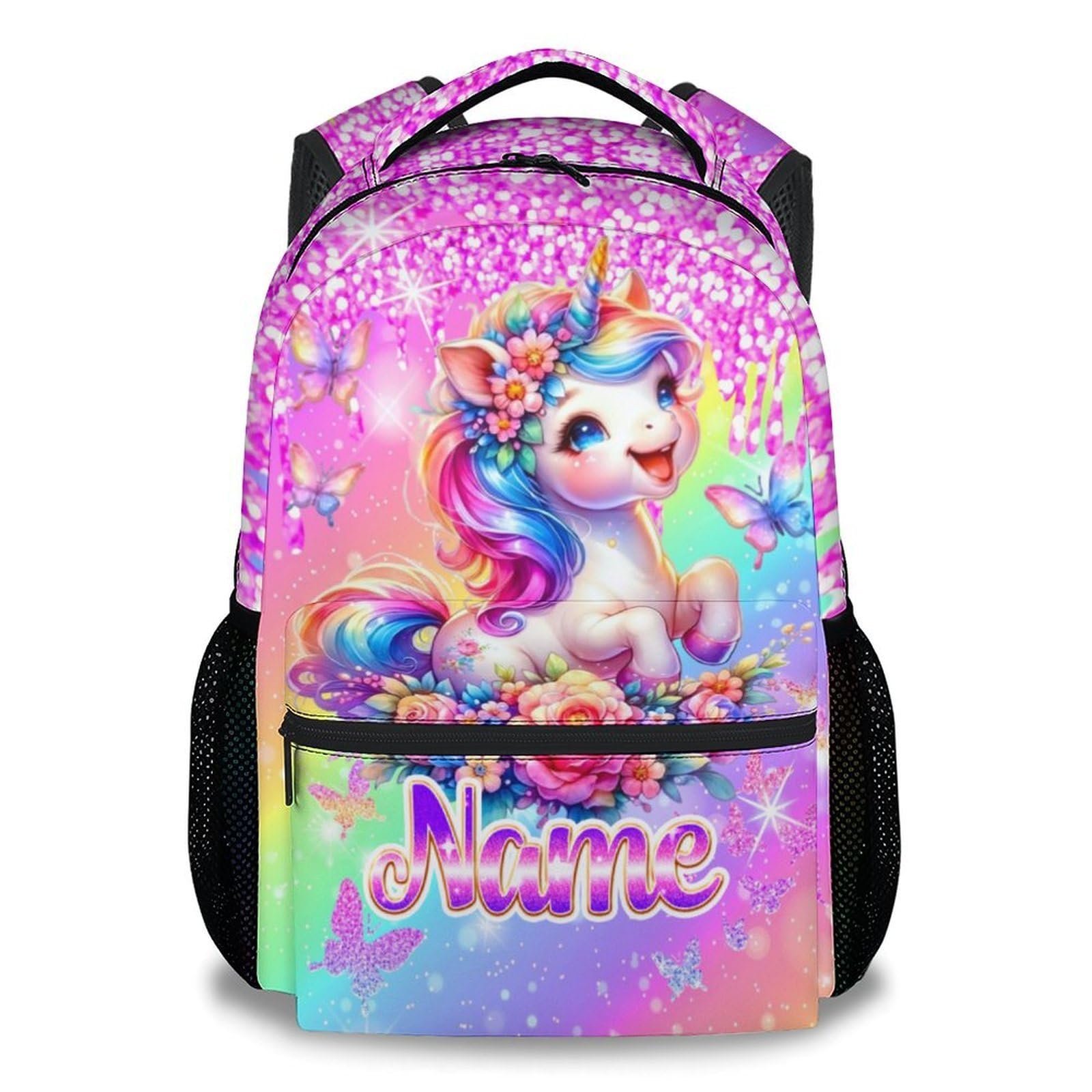 Unicorn Backpack for Girls Custom School Bookbag with Name - Personalized Toddler Schoolbag with Rainbow for Preschool Kindergarten Elementary (17 Inch)