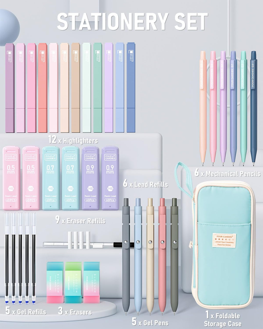 Four Candies 39 PCS Aesthetic Stationery Set with Cute Pen Case, College Supplies and Nursing Essentials, 12 Pastel Highlighters, 5 Black Gel Pens, 6 Mechanical Pencils, Pink