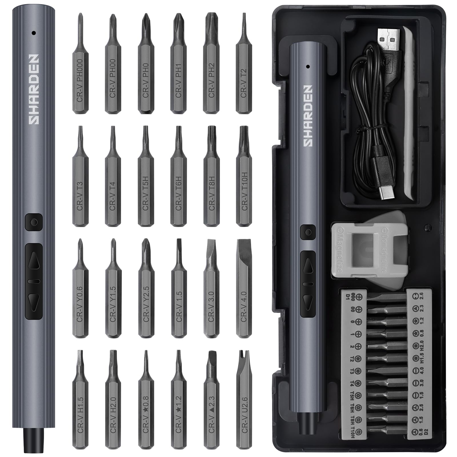 SHARDEN Mini Electric Screwdriver, 29 in 1 Small Electric Screw Driver Kit with 24 Magnetic Bits, Precision Cordless Repair Tool for Phone, Camera, Laptop, Watch