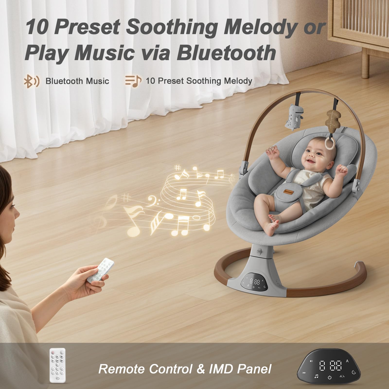 Baby Swings for Infants, Monamii Baby Swing, Bluetooth Infant Swing with Music Speaker, 5 Speeds and Remote Control, Indoor & Outdoor Use (Beige)