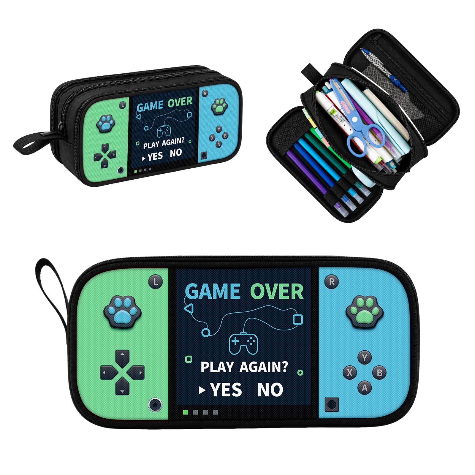 Game Controller Pencil Case for Boys Kids Teens, Large Capacity Pencil Pouch with 3 Compartments, 7 Pockets and Label Pocket for School College Office Travel (Red & Blue)