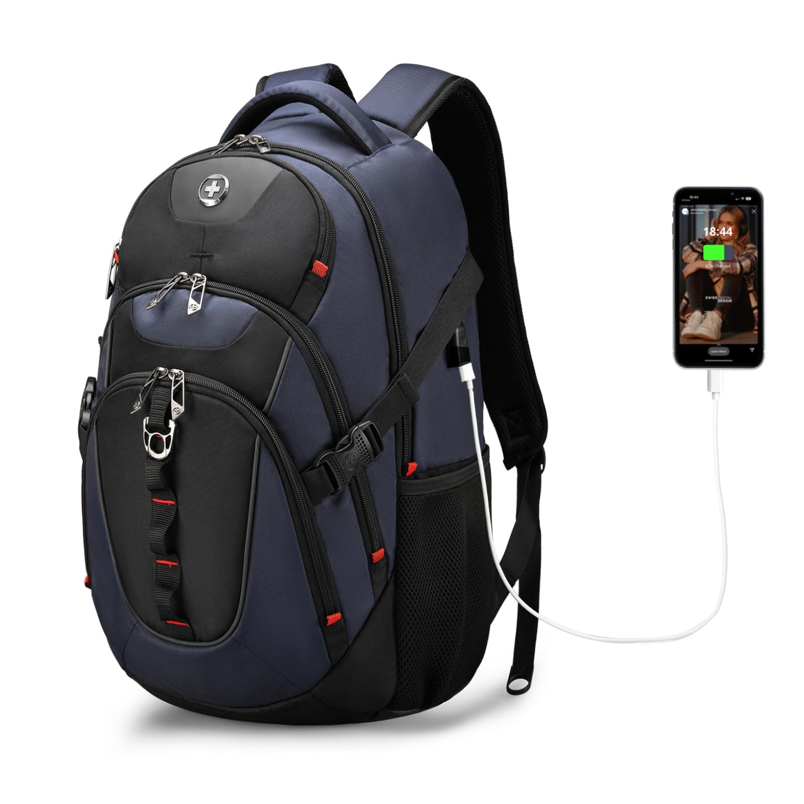 Swissdigital Design Laptop Backpack with USB Charging Port, Travel Backpack Fits 15.6 inches Computer, 31L College School Backpack for Men, Black | SD803-01
