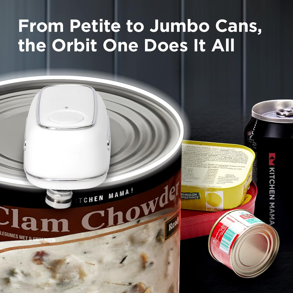Kitchen Mama Orbit One Rechargeable Electric Can Opener: Hands-free, USB-C Charging, Automatic Stop, Smooth Edge, Safety, Blade for Large Cans, Heavy Duty, Soda and Pop Can, with Storage Box (Black)