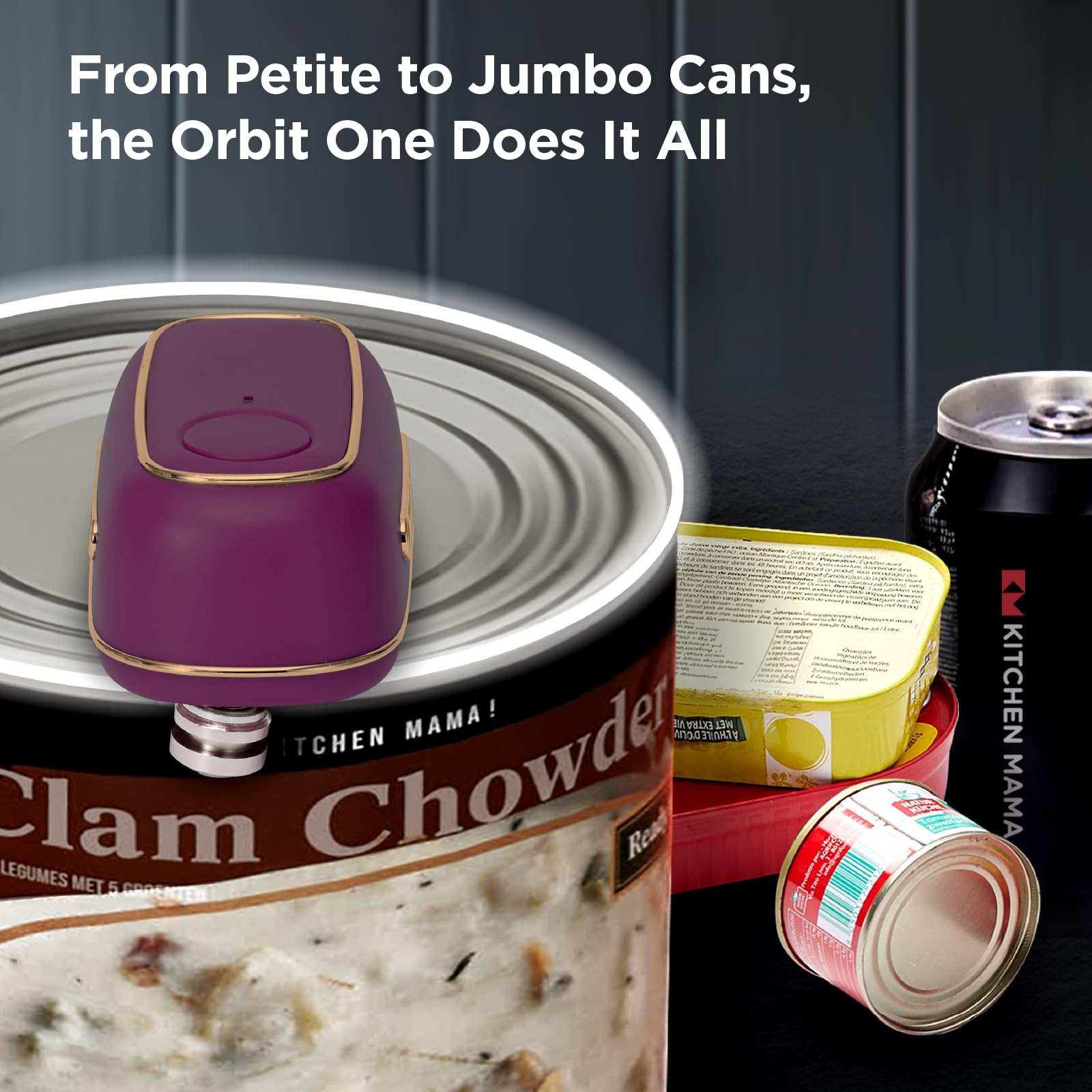 Kitchen Mama Orbit One Rechargeable Electric Can Opener: Hands-free, USB-C Charging, Automatic Stop, Smooth Edge, Safety, Blade for Large Cans, Heavy Duty, Soda and Pop Can, with Storage Box (Black)
