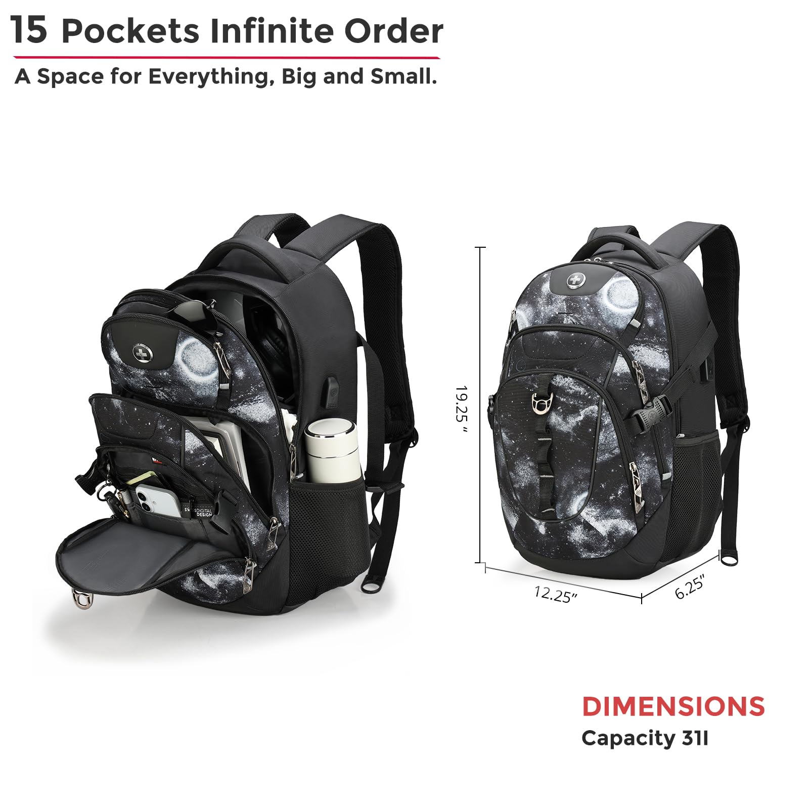 Swissdigital Design Laptop Backpack with USB Charging Port, Travel Backpack Fits 15.6 inches Computer, 31L College School Backpack for Men, Black | SD803-01