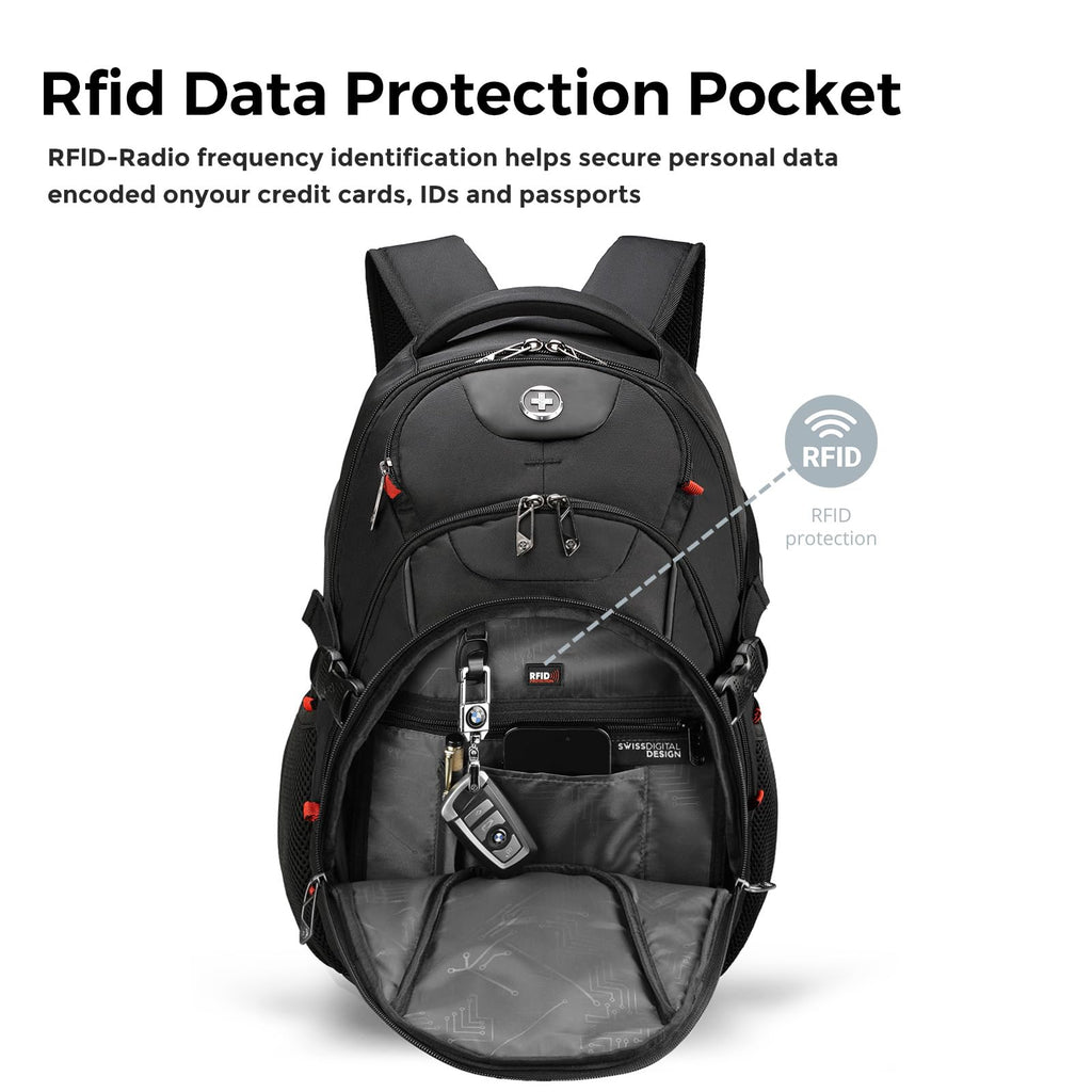 Swissdigital Design Laptop Backpack with USB Charging Port, Travel Backpack Fits 15.6 inches Computer, 31L College School Backpack for Men, Black | SD803-01