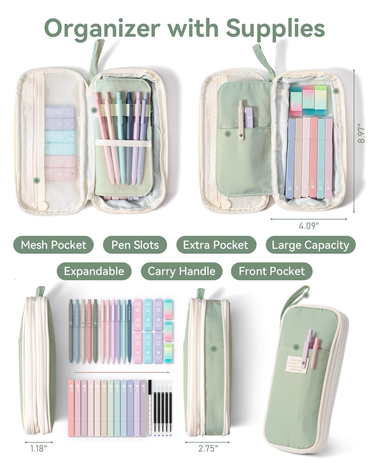 Four Candies 39 PCS Aesthetic Stationery Set with Cute Pen Case, College Supplies and Nursing Essentials, 12 Pastel Highlighters, 5 Black Gel Pens, 6 Mechanical Pencils, Pink