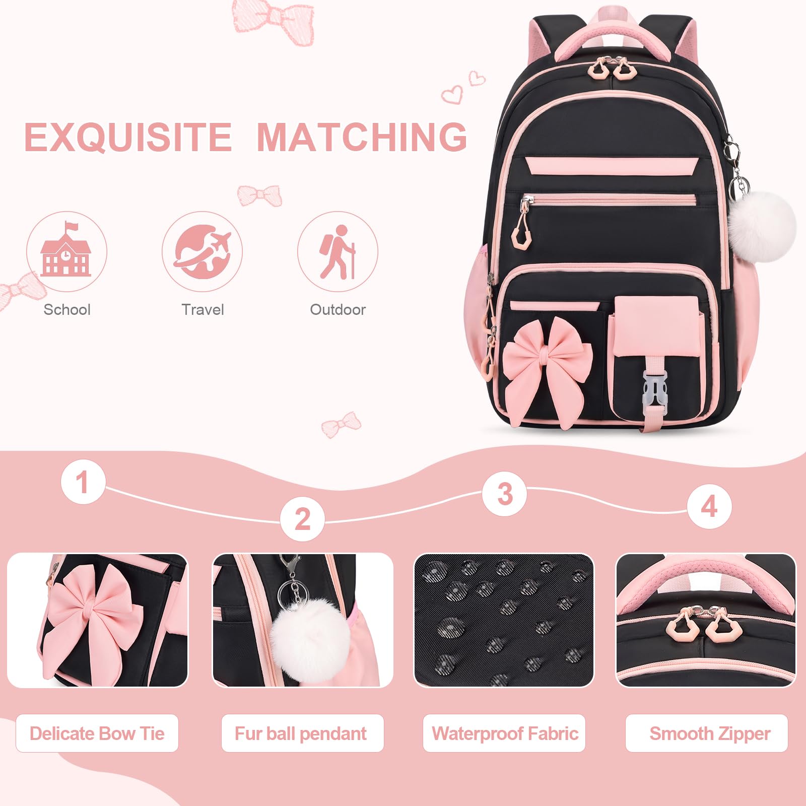 DIGOBAY Backpack for Girls, 3PCS Girls Backpack for School with Lunch Bag Pencil Case, Cute Kids Teens Bookbag for Kindergarten Elementary Preschool Middle School (Pink)