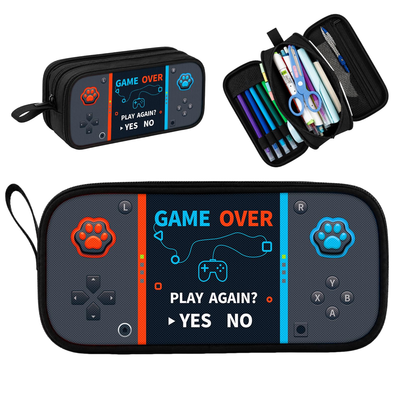 Game Controller Pencil Case for Boys Kids Teens, Large Capacity Pencil Pouch with 3 Compartments, 7 Pockets and Label Pocket for School College Office Travel (Red & Blue)
