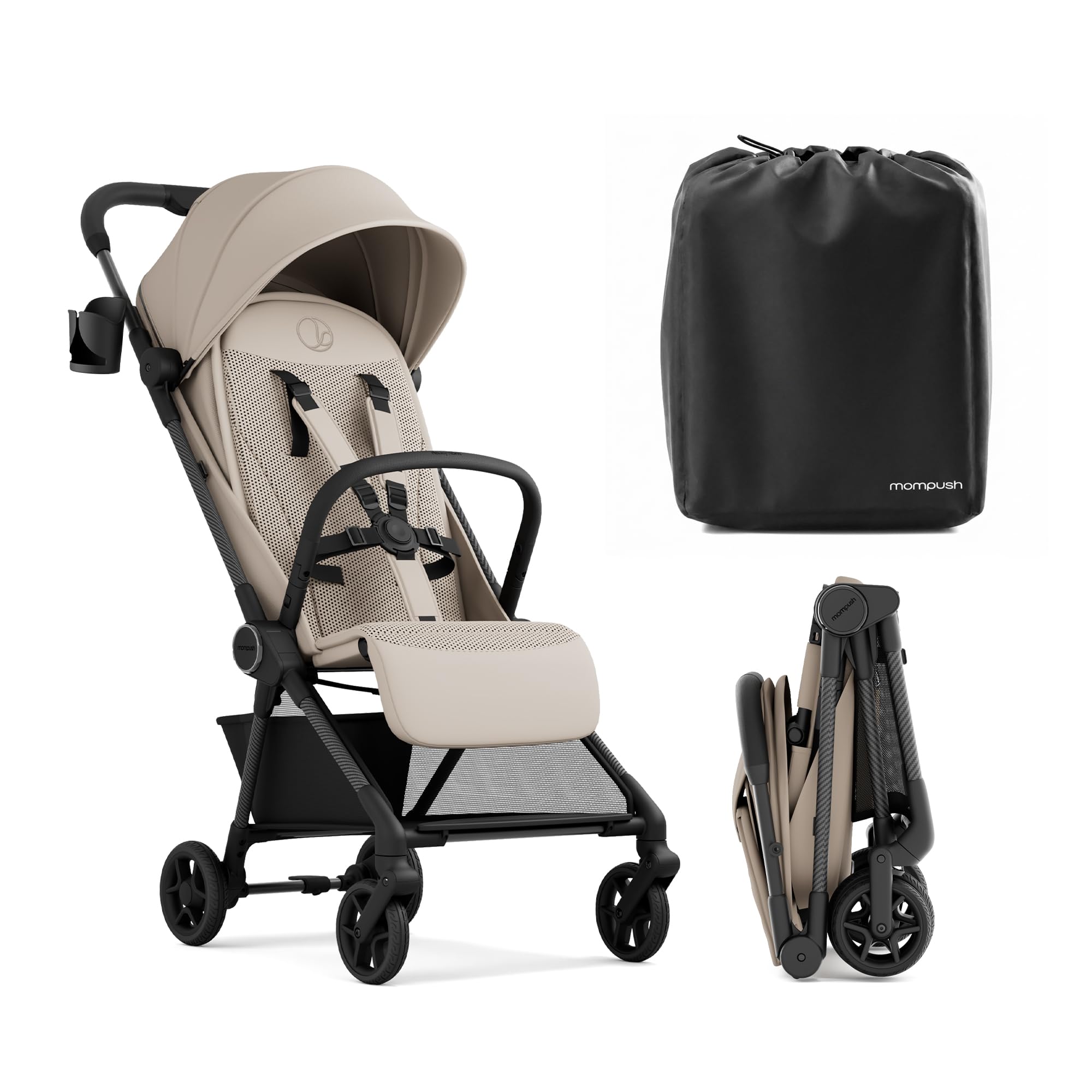 Mompush Nexis Carbon Travel Stroller, Ultra-Lightweight 11.5 lbs, Compact & Airplane Carry-On Approved, One-Second Auto-Fold, One-Hand Full Recline, from Birth to 50 lbs, JPMA Certified, Khaki