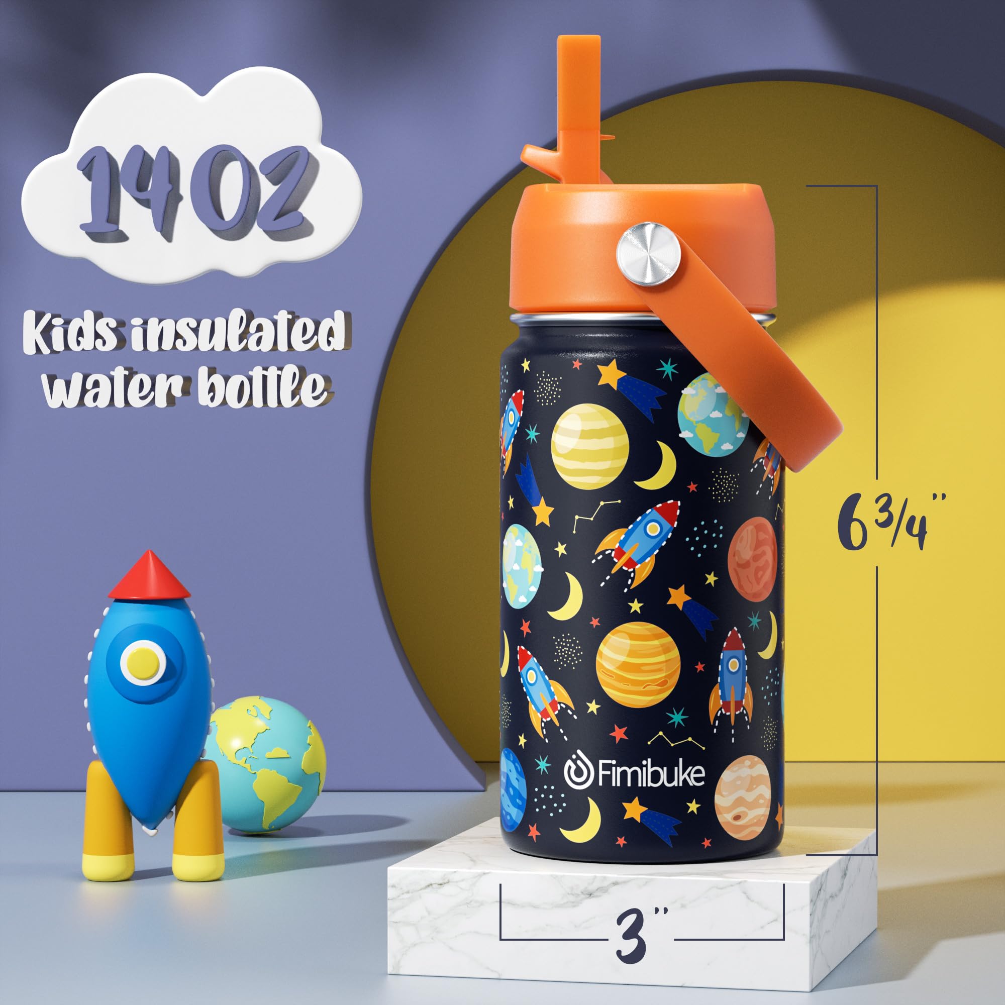 Fimibuke Kids Insulated Water Bottle, 14oz BPA FREE 18/8 Stainless Steel Travel Tumbler Double Wall Vacuum Leak Proof Kids Cup with Straw Metal Water Bottle for School Boys Girls(1 Pack, Rainbow)