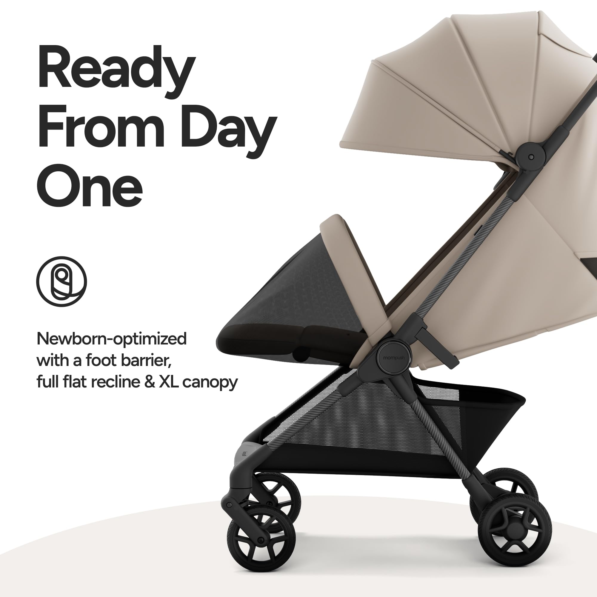 Mompush Nexis Carbon Travel Stroller, Ultra-Lightweight 11.5 lbs, Compact & Airplane Carry-On Approved, One-Second Auto-Fold, One-Hand Full Recline, from Birth to 50 lbs, JPMA Certified, Khaki