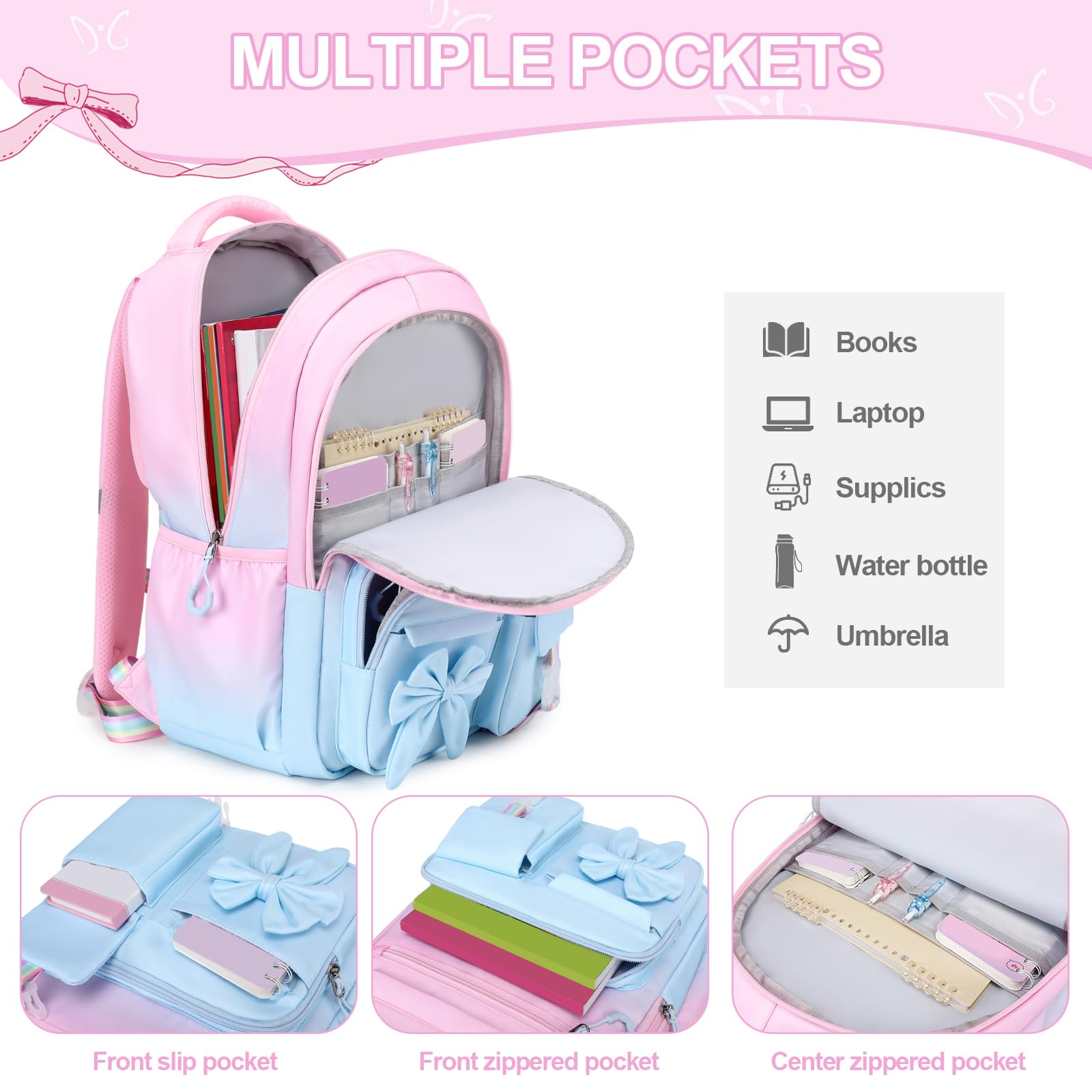 DIGOBAY Backpack for Girls, 3PCS Girls Backpack for School with Lunch Bag Pencil Case, Cute Kids Teens Bookbag for Kindergarten Elementary Preschool Middle School (Pink)