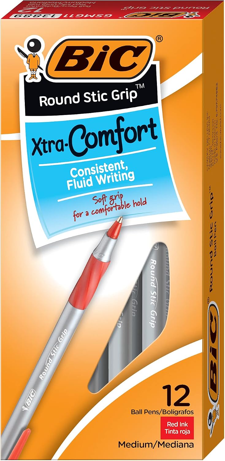 BIC Round Stic Grip Xtra Comfort Blue Ballpoint Pens, Medium Point (1.2mm), 12-Count Pack, Excellent Writing Pens With Soft Grip for Superb Comfort and Control