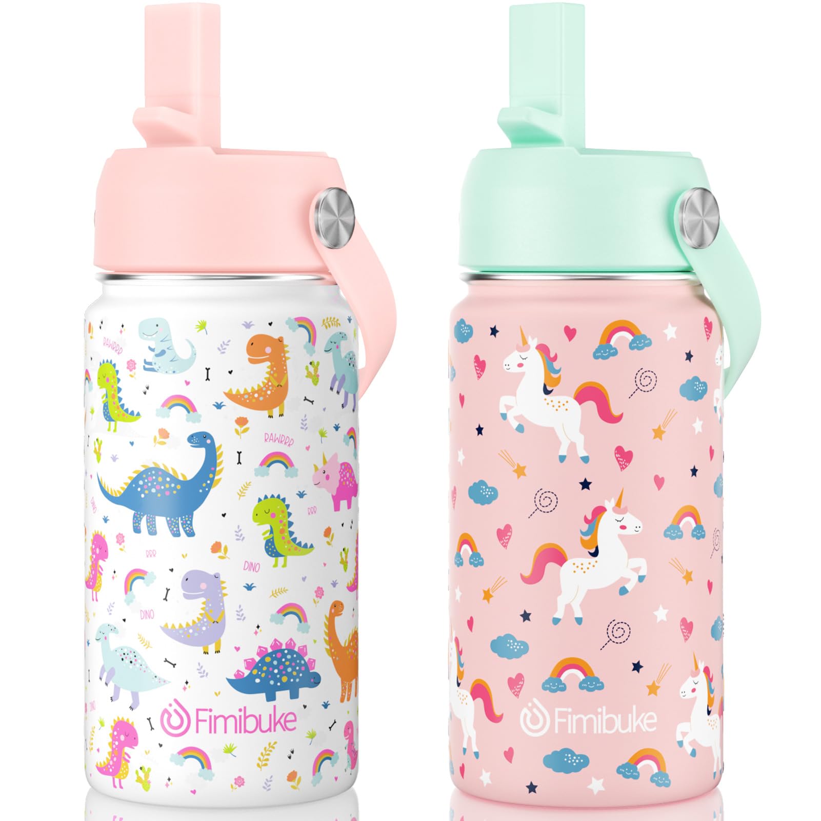 Fimibuke Kids Insulated Water Bottle, 14oz BPA FREE 18/8 Stainless Steel Travel Tumbler Double Wall Vacuum Leak Proof Kids Cup with Straw Metal Water Bottle for School Boys Girls(1 Pack, Rainbow)