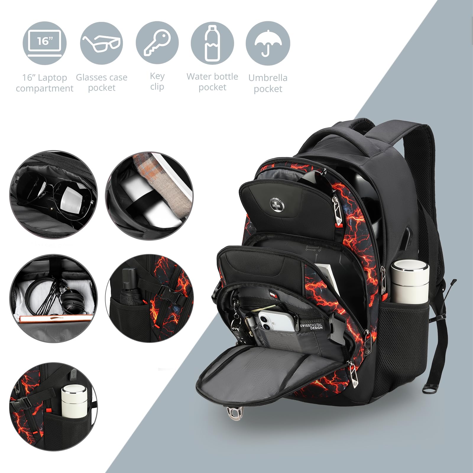 Swissdigital Design Laptop Backpack with USB Charging Port, Travel Backpack Fits 15.6 inches Computer, 31L College School Backpack for Men, Black | SD803-01