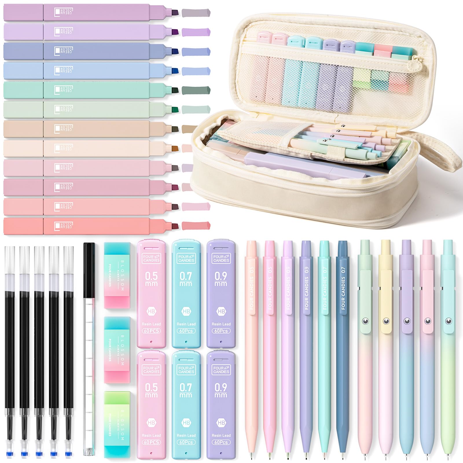Four Candies 39 PCS Aesthetic Stationery Set with Cute Pen Case, College Supplies and Nursing Essentials, 12 Pastel Highlighters, 5 Black Gel Pens, 6 Mechanical Pencils, Pink