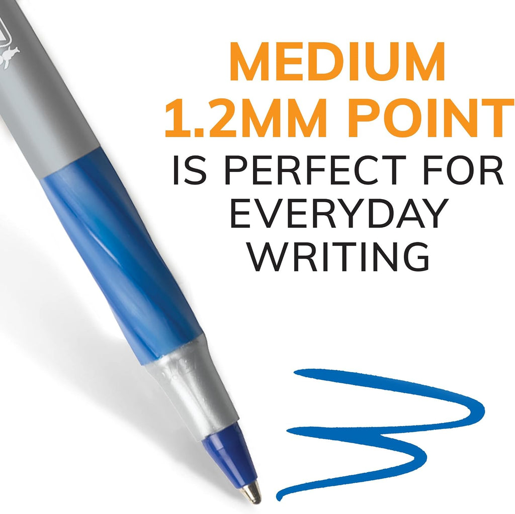 BIC Round Stic Grip Xtra Comfort Blue Ballpoint Pens, Medium Point (1.2mm), 12-Count Pack, Excellent Writing Pens With Soft Grip for Superb Comfort and Control