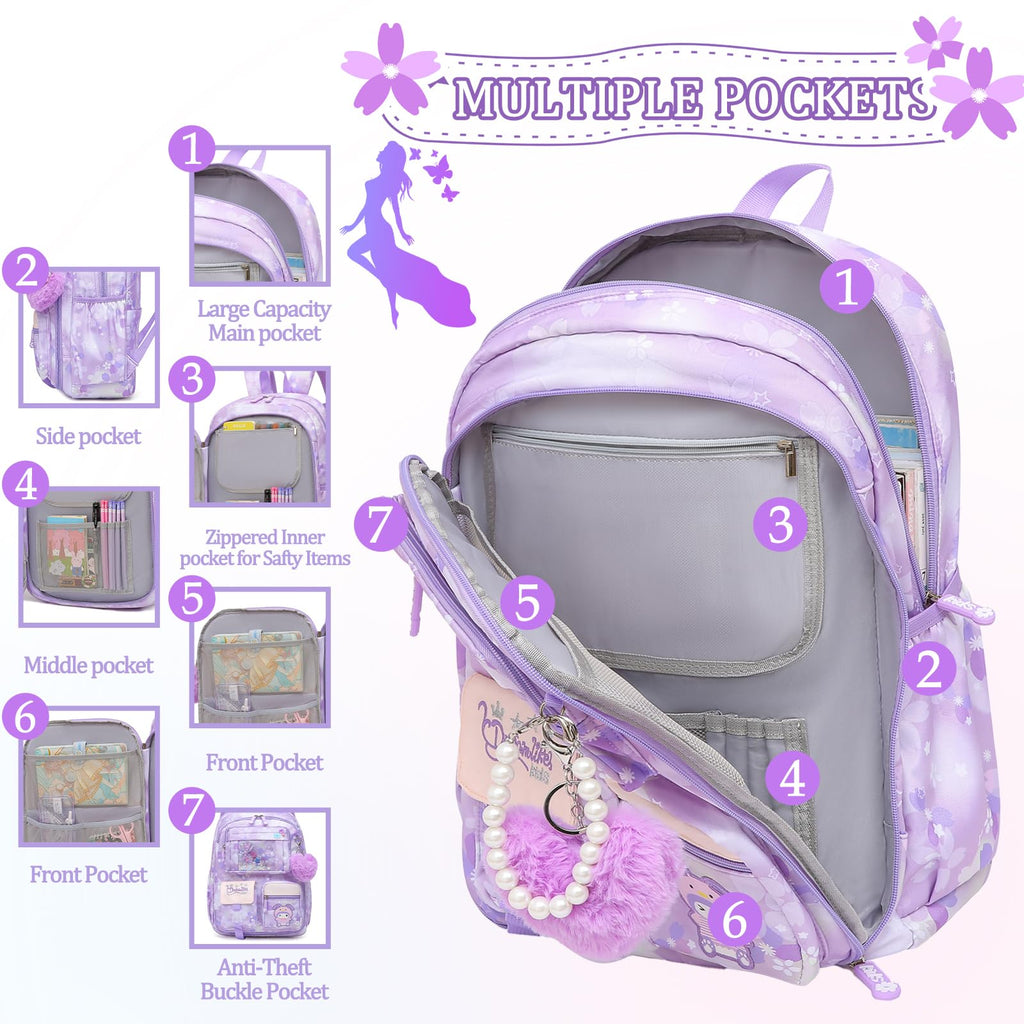 Lovely Girls Backpack School Bag for Students Kids Book Bag with Multiple Pockets Splash-proof Children's Backpack（17inch Pink）
