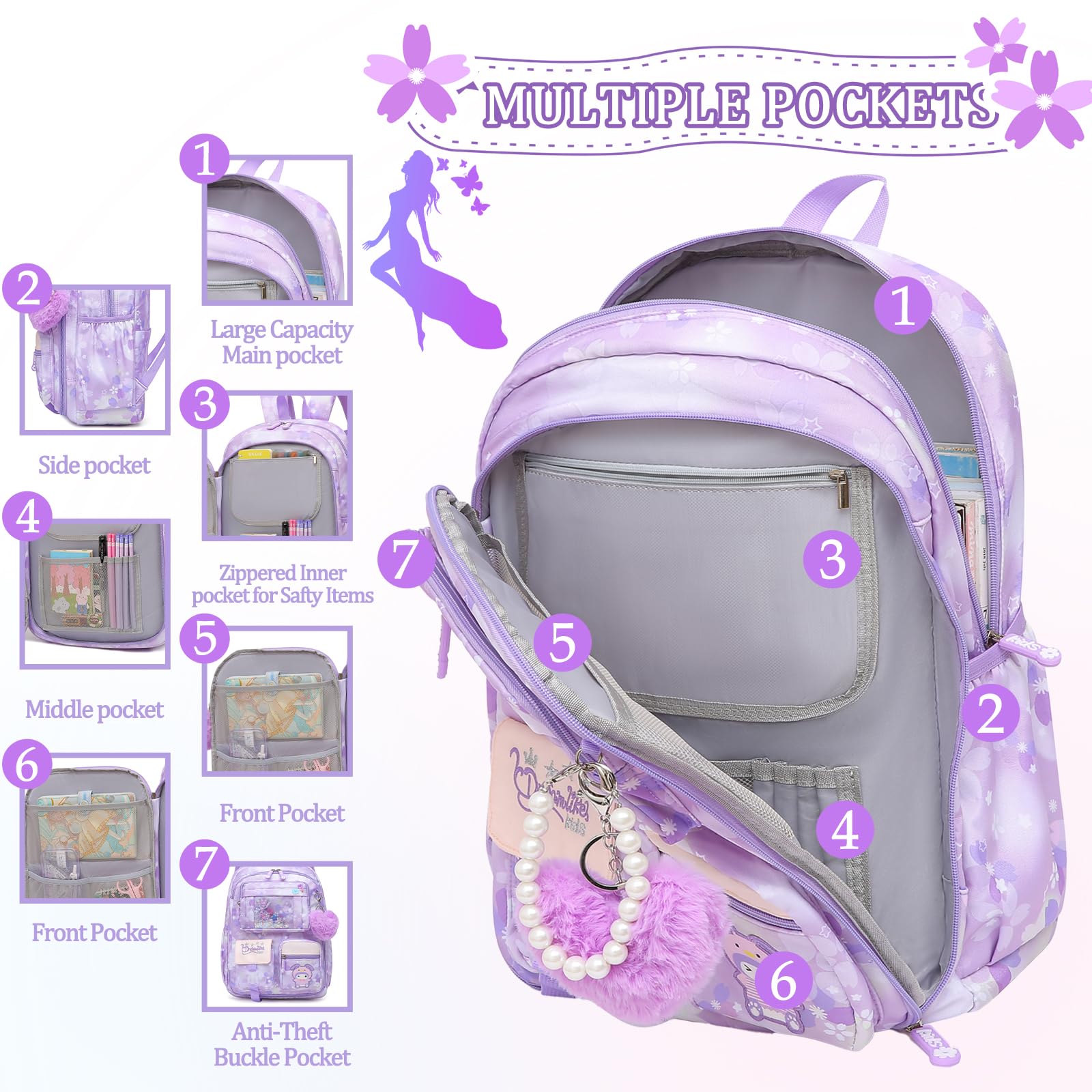 Lovely Girls Backpack School Bag for Students Kids Book Bag with Multiple Pockets Splash-proof Children's Backpack（17inch Pink）