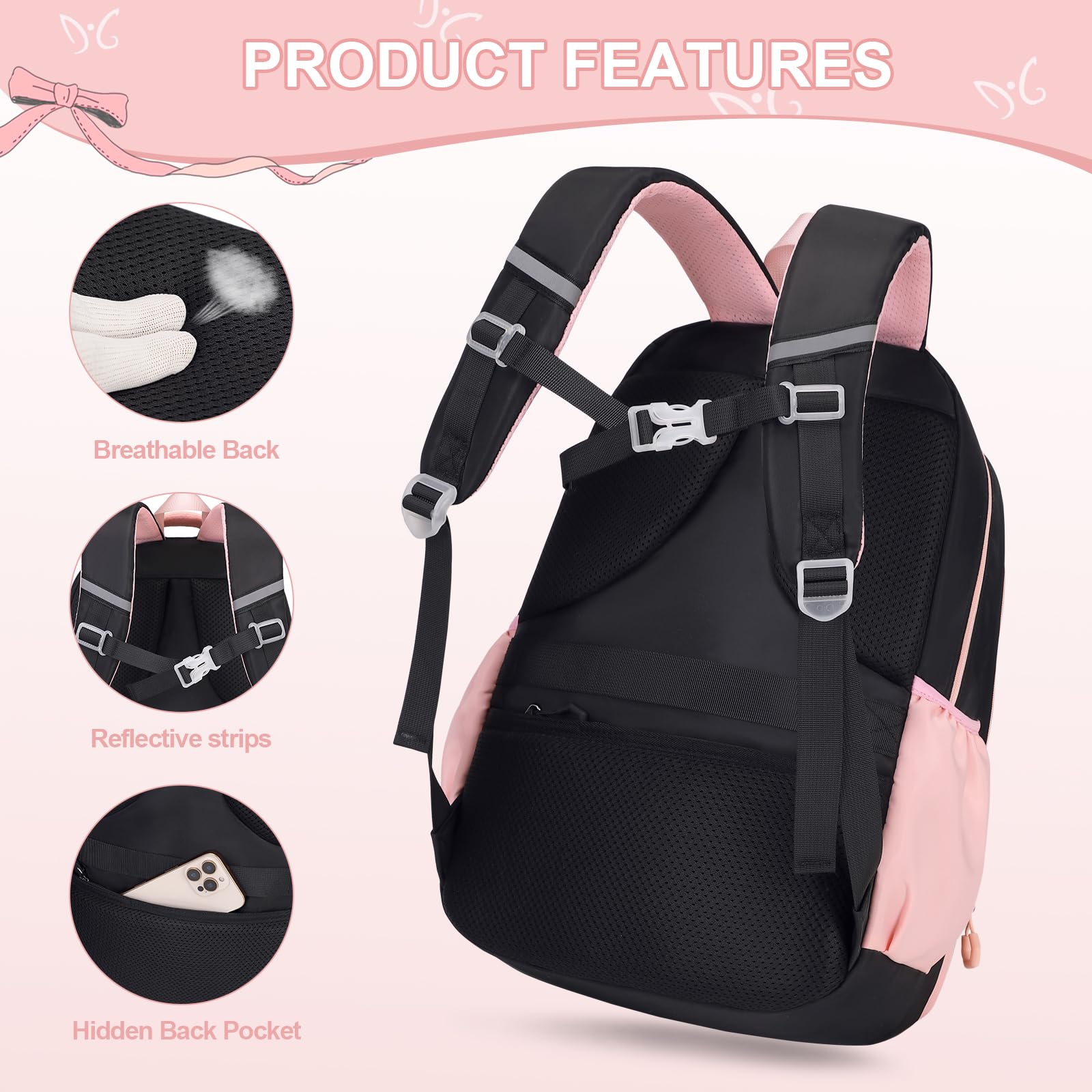 DIGOBAY Backpack for Girls, 3PCS Girls Backpack for School with Lunch Bag Pencil Case, Cute Kids Teens Bookbag for Kindergarten Elementary Preschool Middle School (Pink)