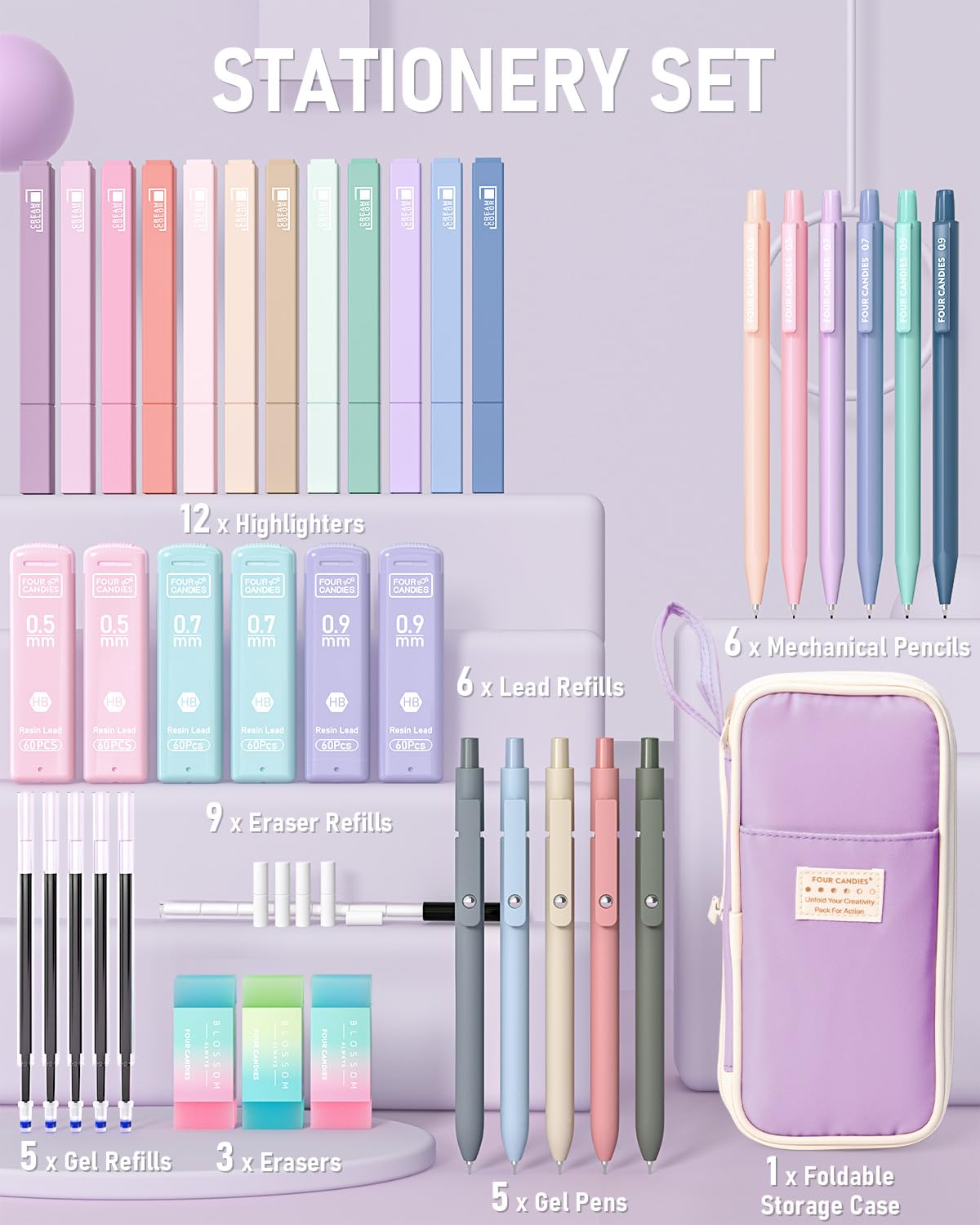 Four Candies 39 PCS Aesthetic Stationery Set with Cute Pen Case, College Supplies and Nursing Essentials, 12 Pastel Highlighters, 5 Black Gel Pens, 6 Mechanical Pencils, Pink
