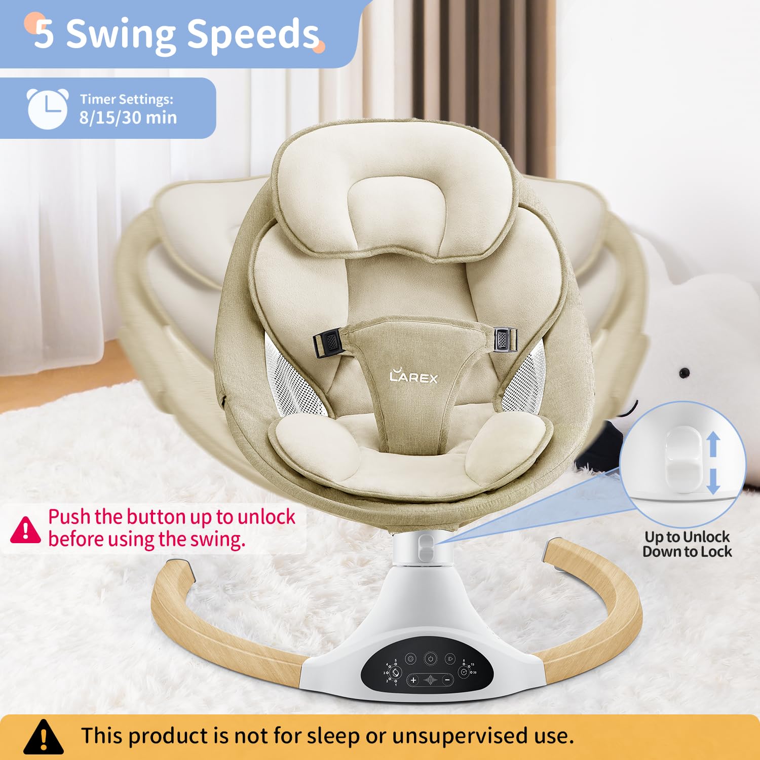 LAREX Baby Swing Infant Swing Electric Toddler Baby Rocker Portable for Newborn Boy Girl, 5 Sway Speeds with Remote Control, 10 Preset Melodies and Bluetooth, 0-6 Months Max 20 Lbs (Black)