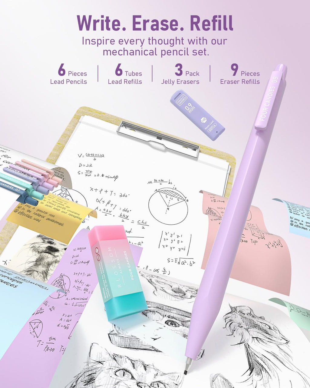 Four Candies 39 PCS Aesthetic Stationery Set with Cute Pen Case, College Supplies and Nursing Essentials, 12 Pastel Highlighters, 5 Black Gel Pens, 6 Mechanical Pencils, Pink