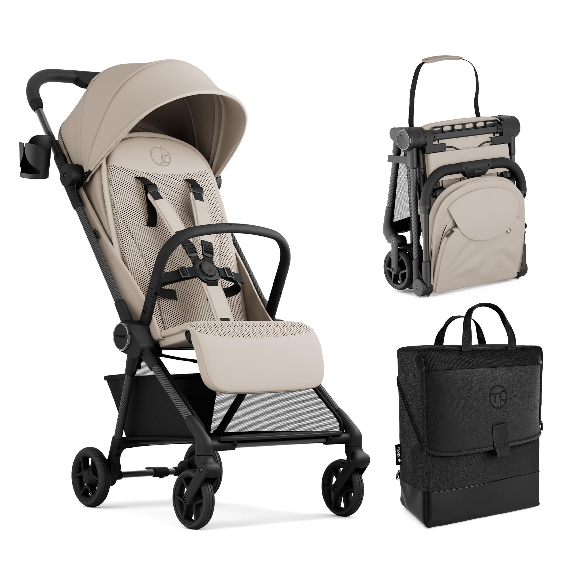 Mompush Nexis Carbon Travel Stroller, Ultra-Lightweight 11.5 lbs, Compact & Airplane Carry-On Approved, One-Second Auto-Fold, One-Hand Full Recline, from Birth to 50 lbs, JPMA Certified, Khaki