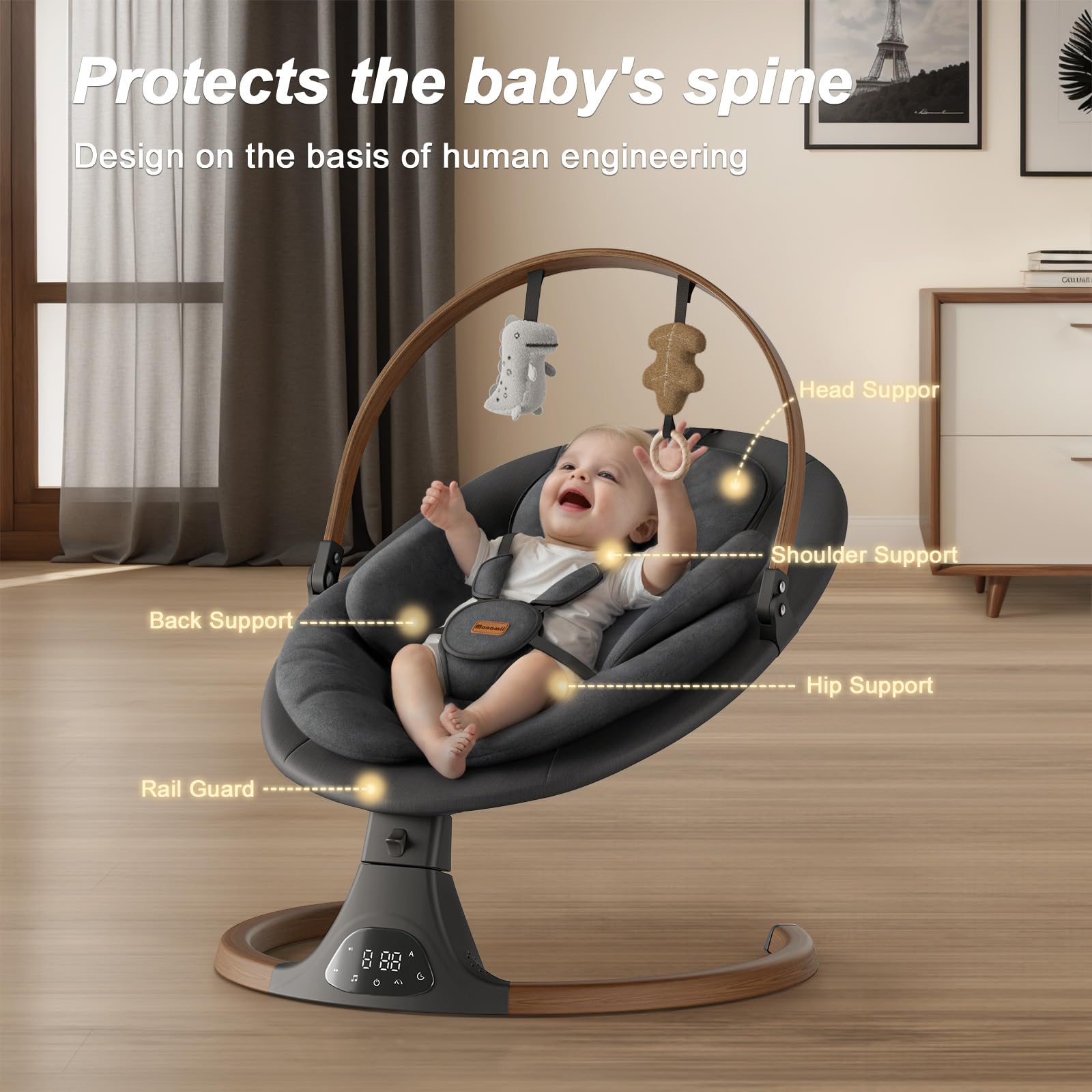 Baby Swings for Infants, Monamii Baby Swing, Bluetooth Infant Swing with Music Speaker, 5 Speeds and Remote Control, Indoor & Outdoor Use (Beige)