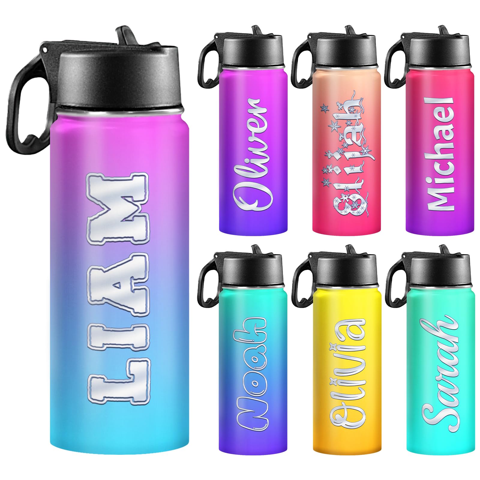 Back to School, Personalized Insulated Water Bottle for Kids 18oz Custom Name Stainless Steel Sports Water Bottles with Straw Lid Gifts for girls Boys woman man School Sports