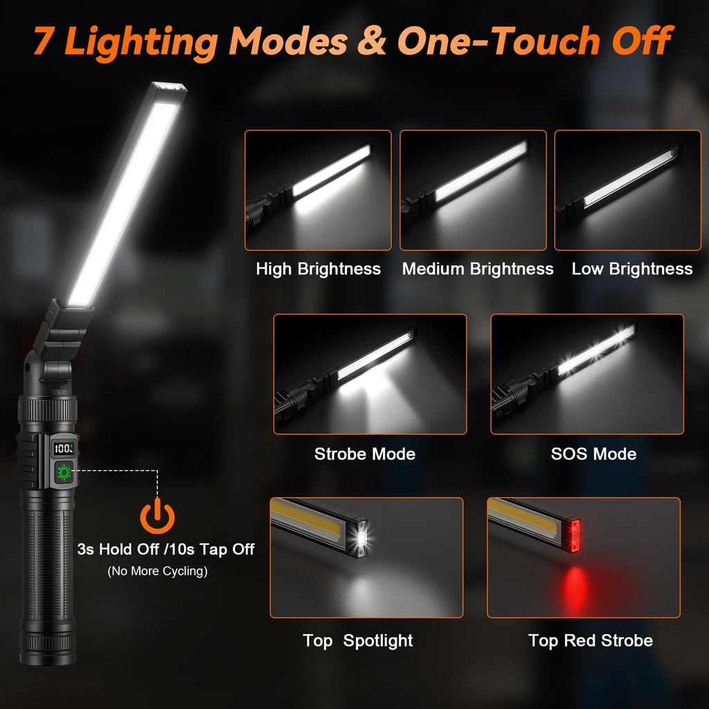 2Pack Magnetic Rechargeable LED Work Light/Flashlight for Mechanics | All Aluminum, 1500 High Lumens, Digital Display, 7 Modes, 360° Rotation, for Car Repairing, Emergency, Gifts for Father