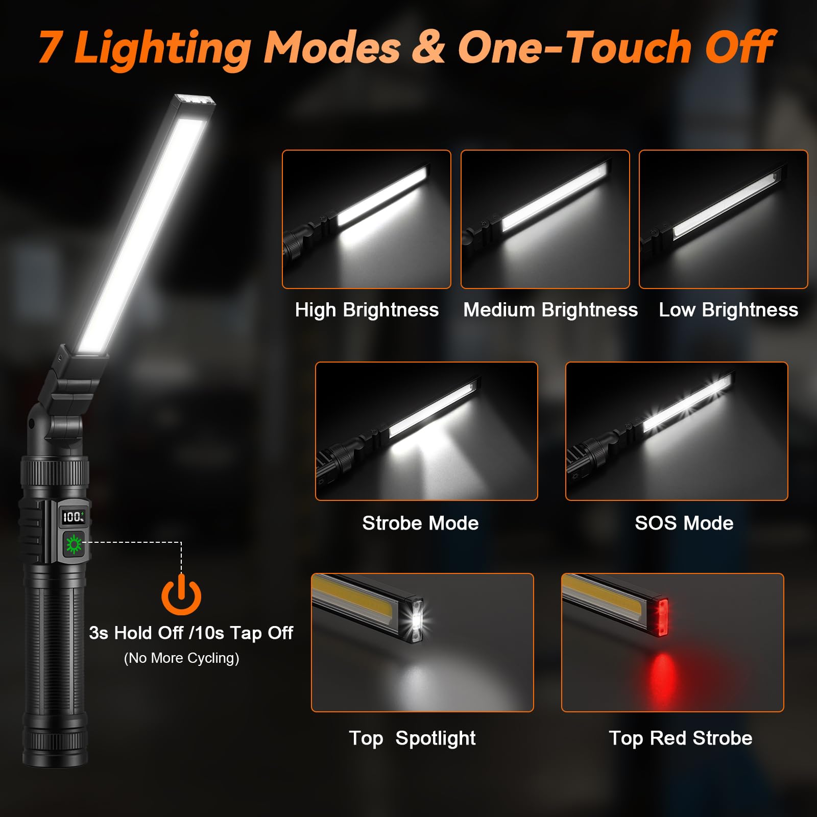 2Pack Magnetic Rechargeable LED Work Light/Flashlight for Mechanics | All Aluminum, 1500 High Lumens, Digital Display, 7 Modes, 360° Rotation, for Car Repairing, Emergency, Gifts for Father