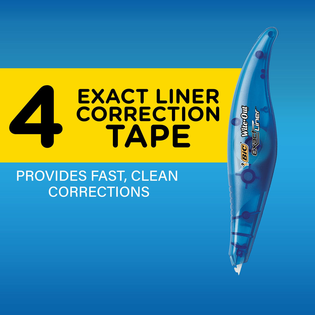 BIC Wite-Out EZ Correct Correction Tape, School Supplies for Students and Teachers, Applies Dry, No Dry Time, Tear Resistant, 4-Count Pack in White