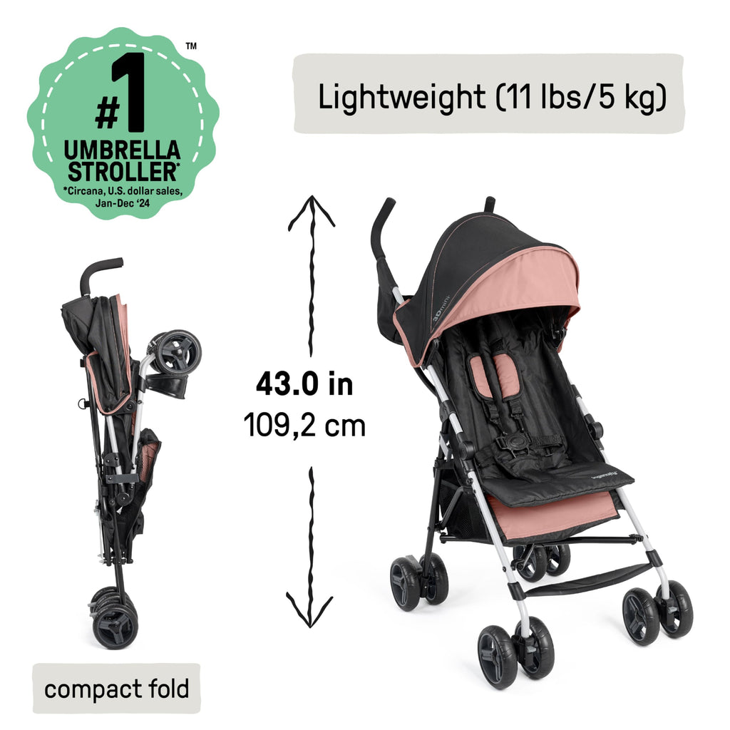 Ingenuity 3D Mini Convenience Stroller – Lightweight Stroller with Compact Fold, Multi-Position Recline, Canopy with Pop Out Sun Visor and More – Umbrella Stroller for Travel, Pink