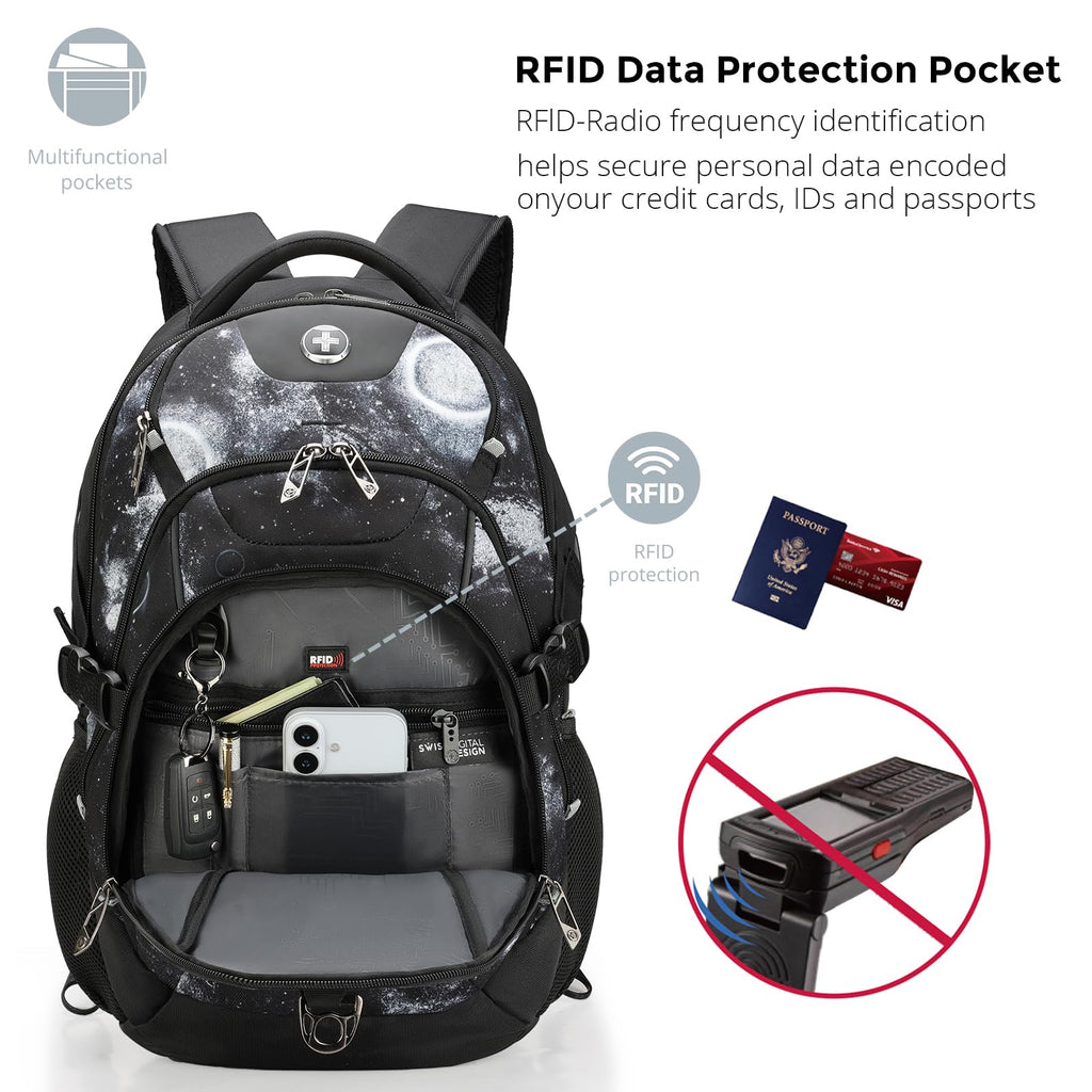 Swissdigital Design Laptop Backpack with USB Charging Port, Travel Backpack Fits 15.6 inches Computer, 31L College School Backpack for Men, Black | SD803-01