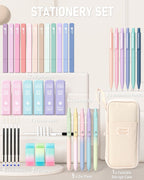 Four Candies 39 PCS Aesthetic Stationery Set with Cute Pen Case, College Supplies and Nursing Essentials, 12 Pastel Highlighters, 5 Black Gel Pens, 6 Mechanical Pencils, Pink