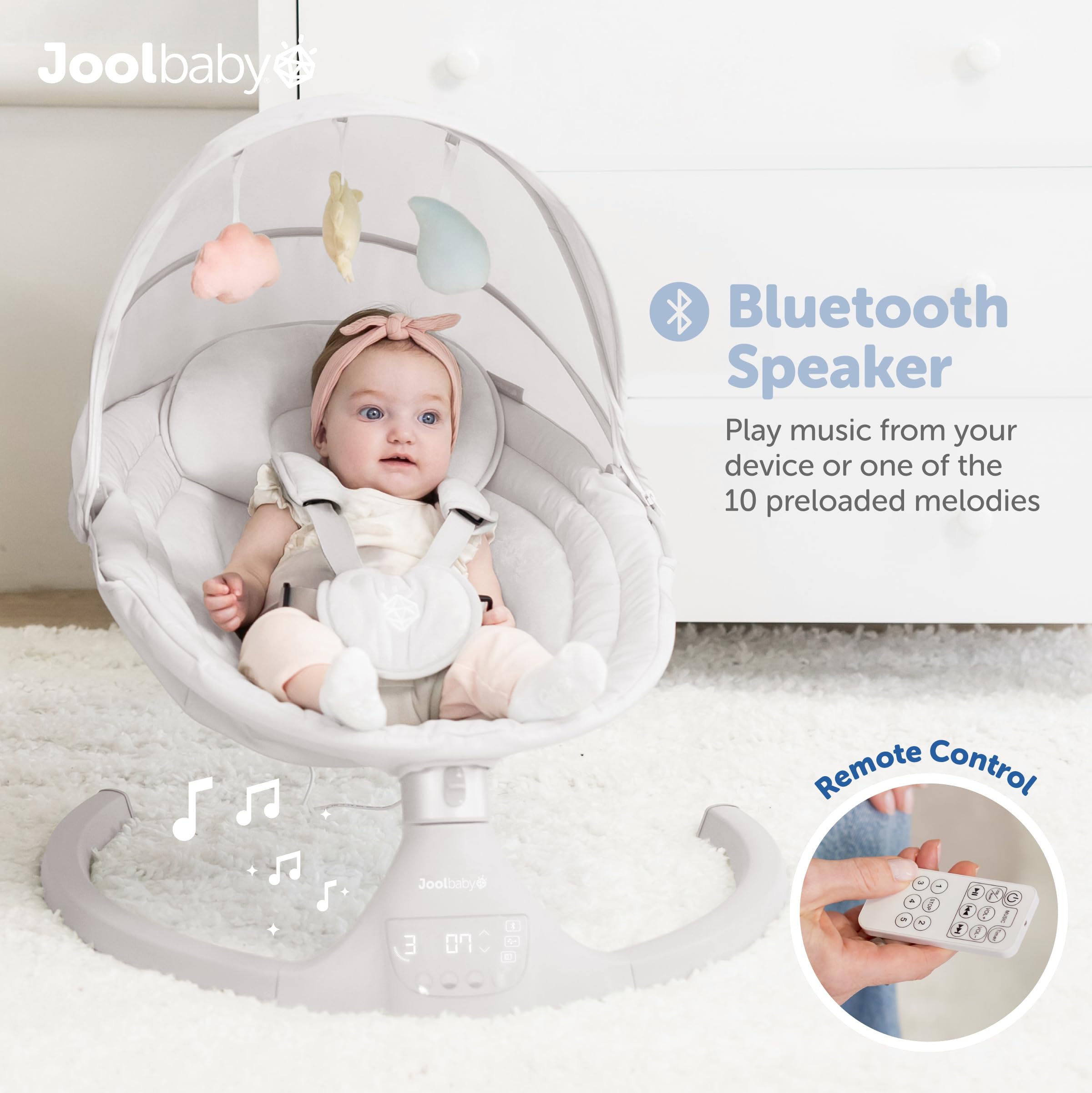 Jool Baby Nova Baby Swing for Infants – Bluetooth Music, Remote (Gray) | Keep Baby Happy While Getting Things Done – Gentle Side-to-Side Motion Helps Baby Feel Content