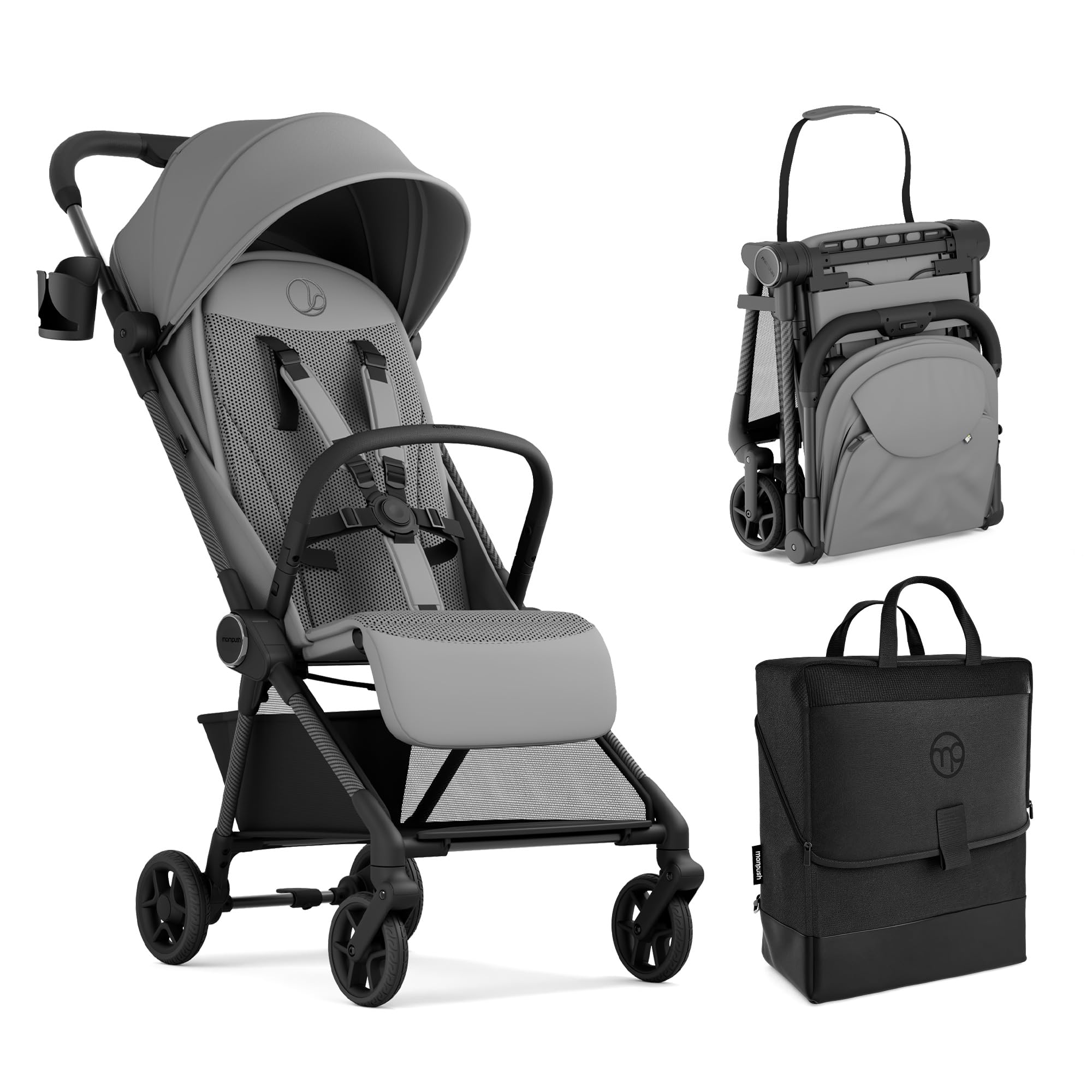 Mompush Nexis Carbon Travel Stroller, Ultra-Lightweight 11.5 lbs, Compact & Airplane Carry-On Approved, One-Second Auto-Fold, One-Hand Full Recline, from Birth to 50 lbs, JPMA Certified, Khaki