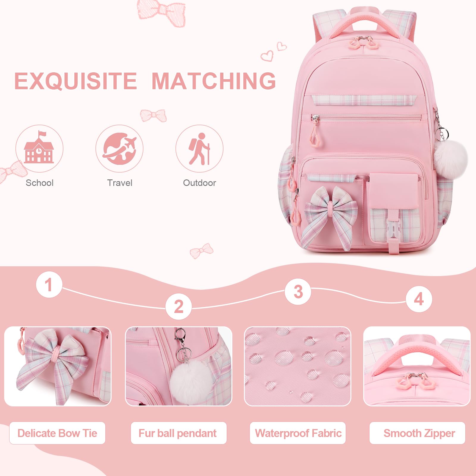 DIGOBAY Backpack for Girls, 3PCS Girls Backpack for School with Lunch Bag Pencil Case, Cute Kids Teens Bookbag for Kindergarten Elementary Preschool Middle School (Pink)