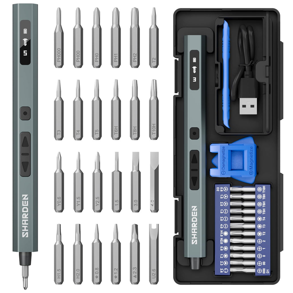 SHARDEN Mini Electric Screwdriver, 29 in 1 Small Electric Screw Driver Kit with 24 Magnetic Bits, Precision Cordless Repair Tool for Phone, Camera, Laptop, Watch