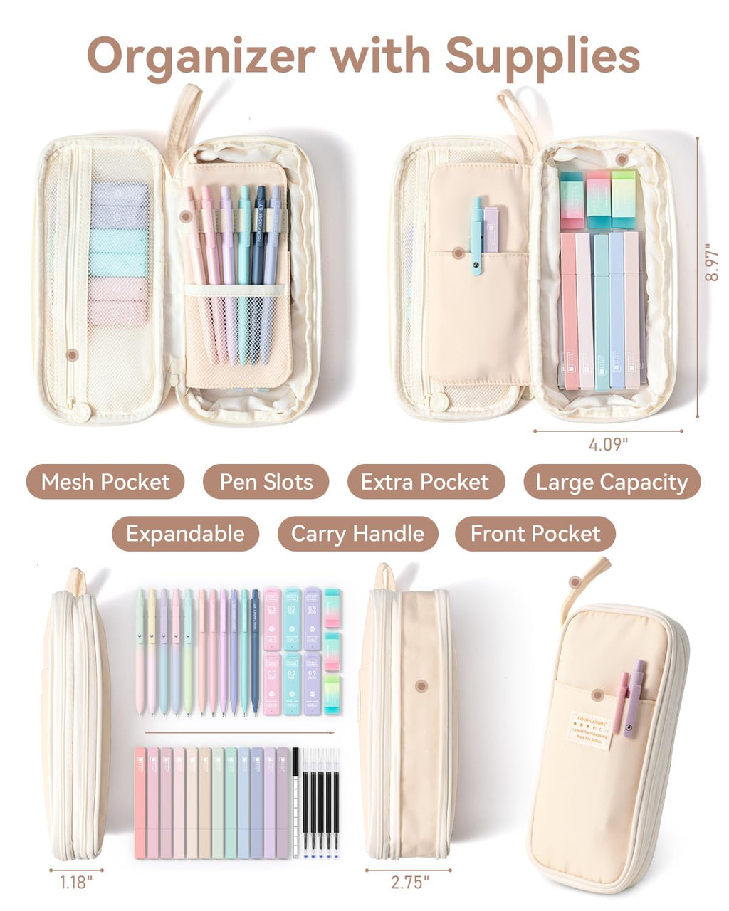 Four Candies 39 PCS Aesthetic Stationery Set with Cute Pen Case, College Supplies and Nursing Essentials, 12 Pastel Highlighters, 5 Black Gel Pens, 6 Mechanical Pencils, Pink