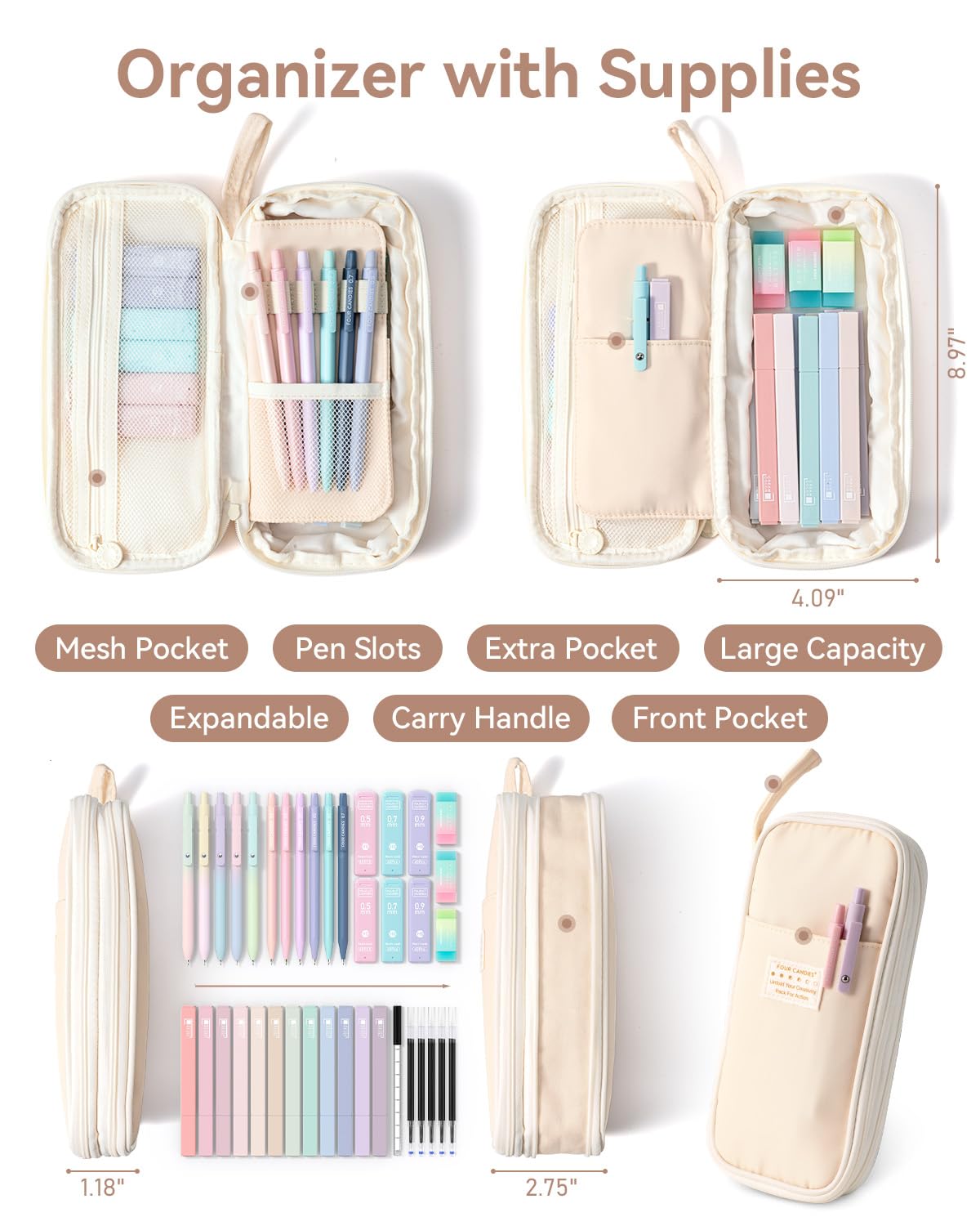 Four Candies 39 PCS Aesthetic Stationery Set with Cute Pen Case, College Supplies and Nursing Essentials, 12 Pastel Highlighters, 5 Black Gel Pens, 6 Mechanical Pencils, Pink