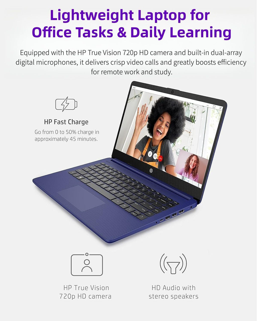 HP 14" Everyday Laptop • Copilot AI • Latest Intel 4-Core Processor • 4GB RAM • 64GB eMMC + 1TB Cloud Storage • 2026 Edition • Windows 11 • Microsoft 365 • Thin & Portable • Royal Blue