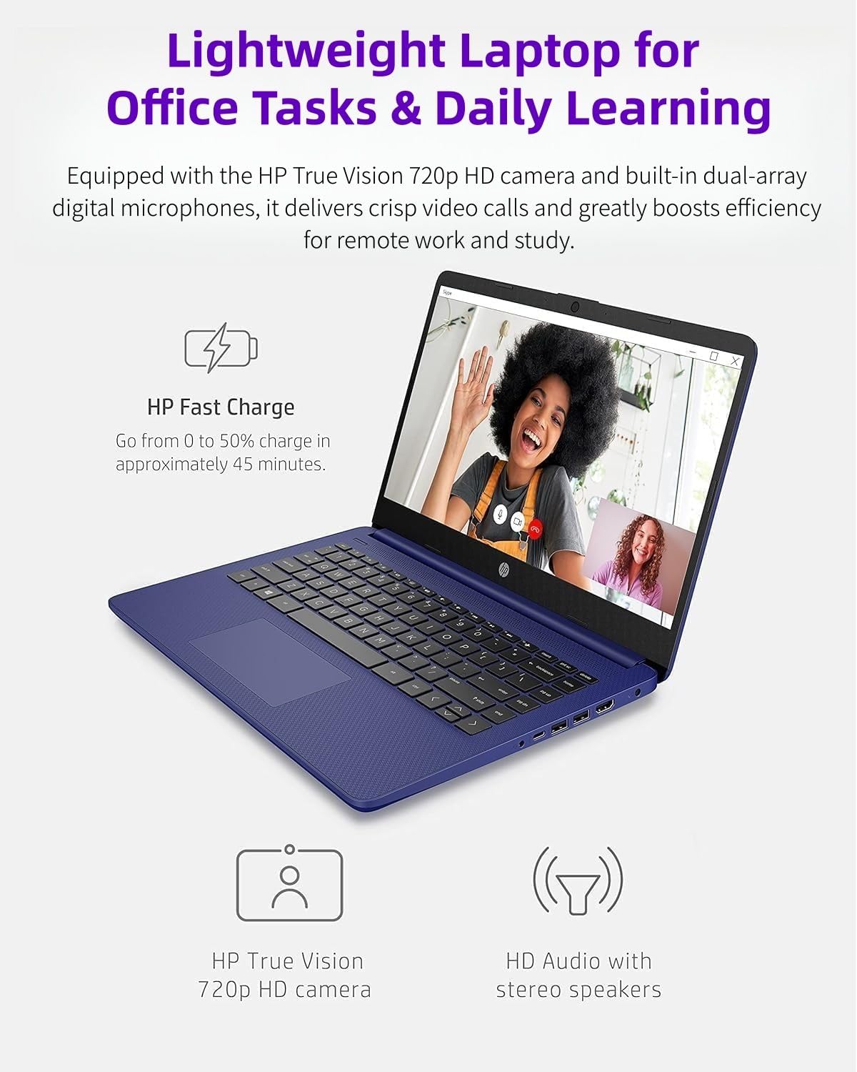 HP 14" Everyday Laptop • Copilot AI • Latest Intel 4-Core Processor • 4GB RAM • 64GB eMMC + 1TB Cloud Storage • 2026 Edition • Windows 11 • Microsoft 365 • Thin & Portable • Royal Blue