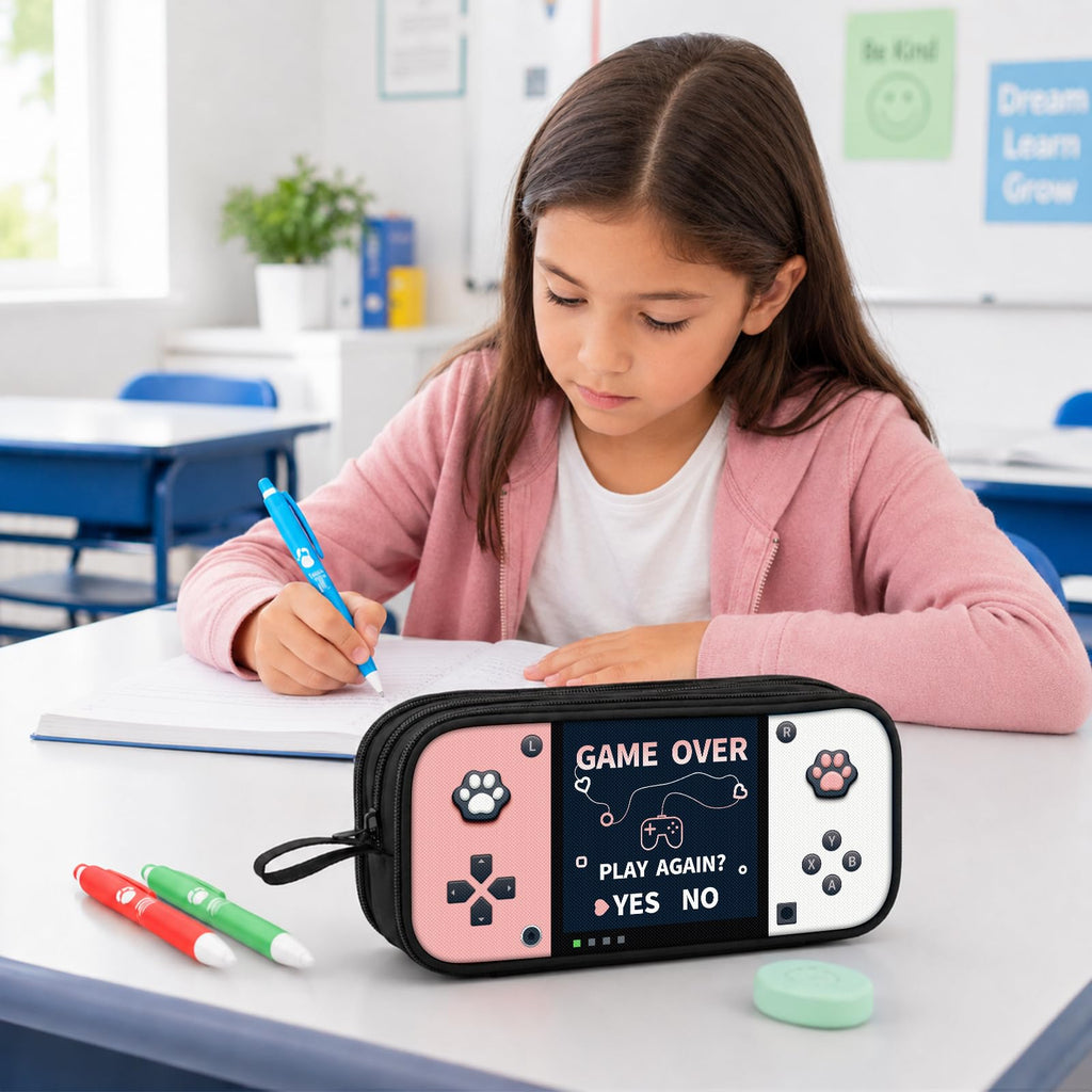Game Controller Pencil Case for Boys Kids Teens, Large Capacity Pencil Pouch with 3 Compartments, 7 Pockets and Label Pocket for School College Office Travel (Red & Blue)