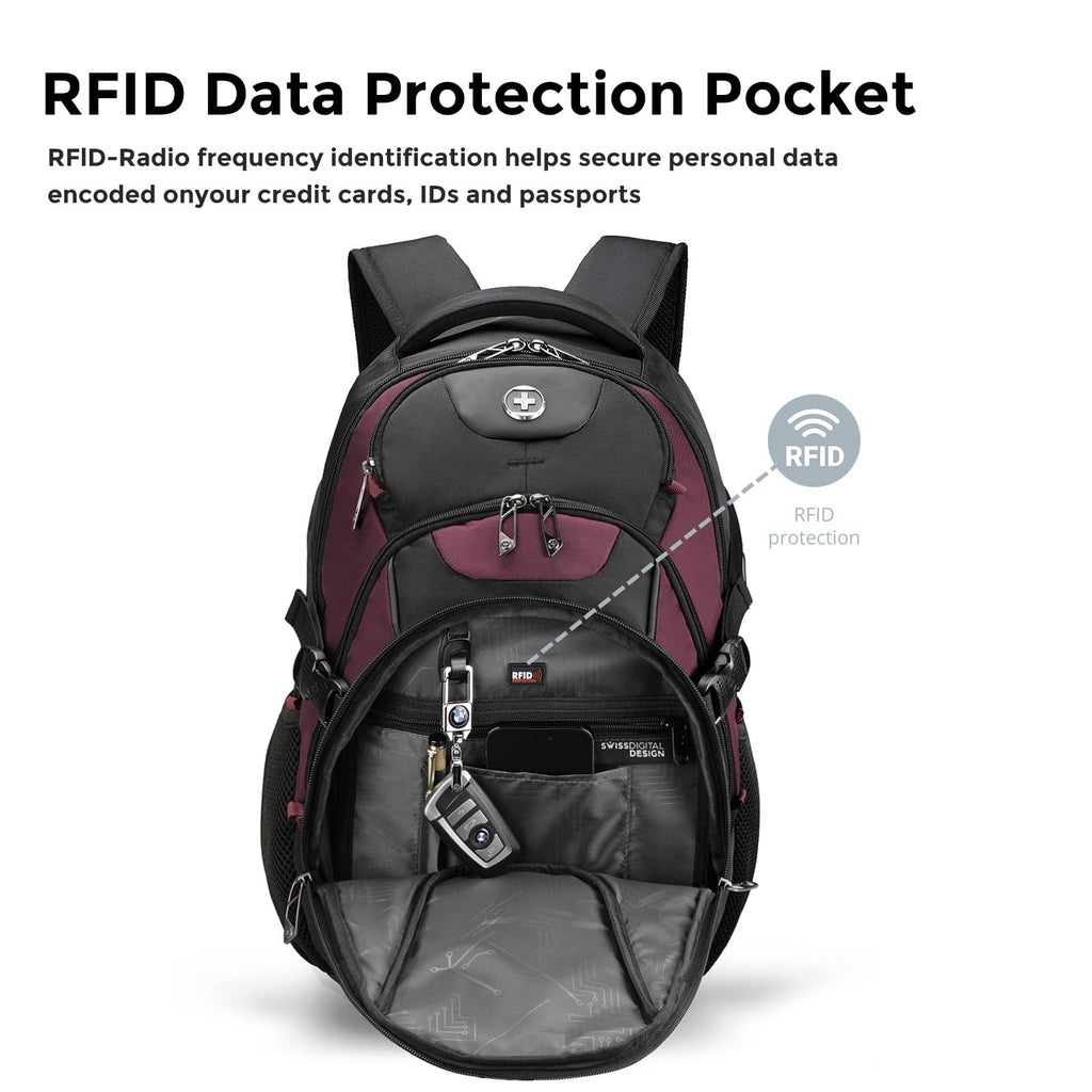 Swissdigital Design Laptop Backpack with USB Charging Port, Travel Backpack Fits 15.6 inches Computer, 31L College School Backpack for Men, Black | SD803-01