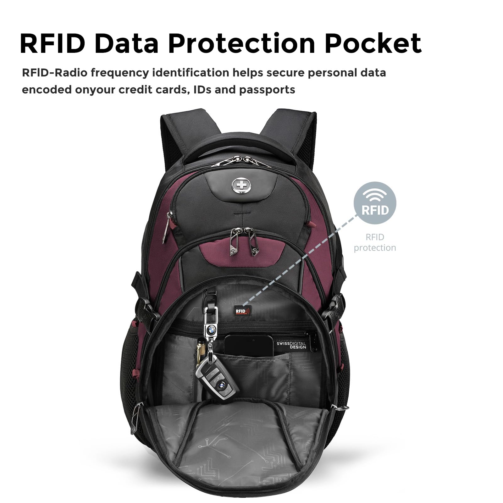 Swissdigital Design Laptop Backpack with USB Charging Port, Travel Backpack Fits 15.6 inches Computer, 31L College School Backpack for Men, Black | SD803-01